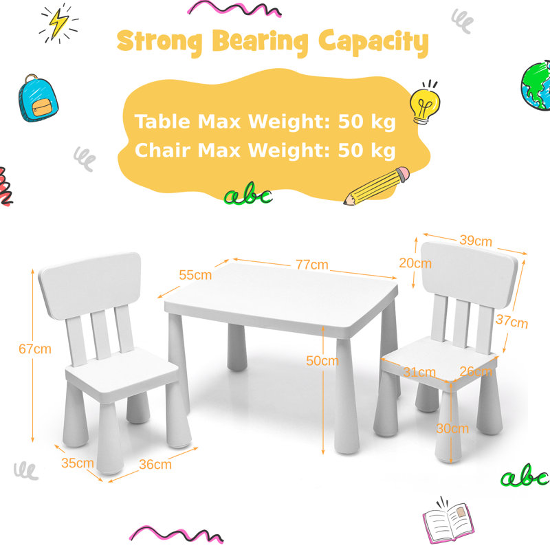 Lon Kids 3 Piece Rectangular Play Or Activity Table and Chair Set, White
