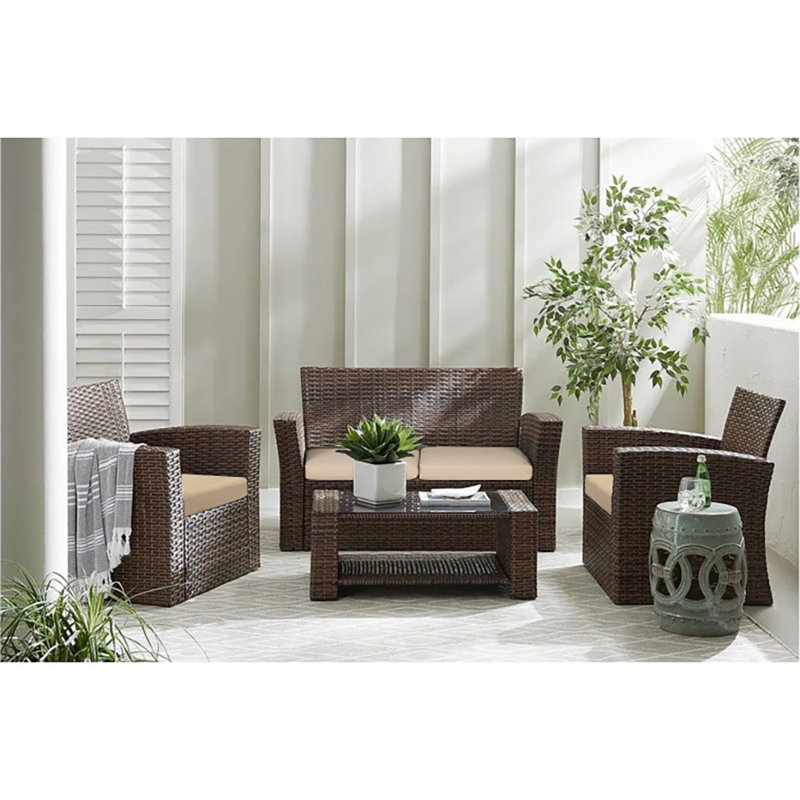 Ensemble de conversation en osier / rotin pour 4 personnes avec coussins Delano, Beige performance, Brun