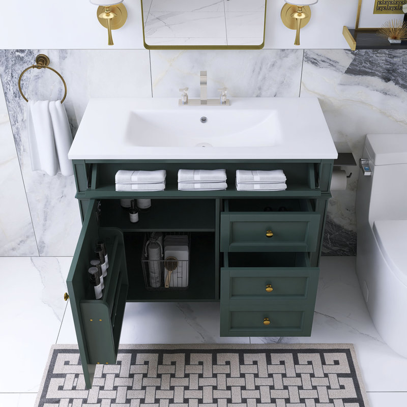 Meuble-lavabo sur pied 36 po, Vert, Doré