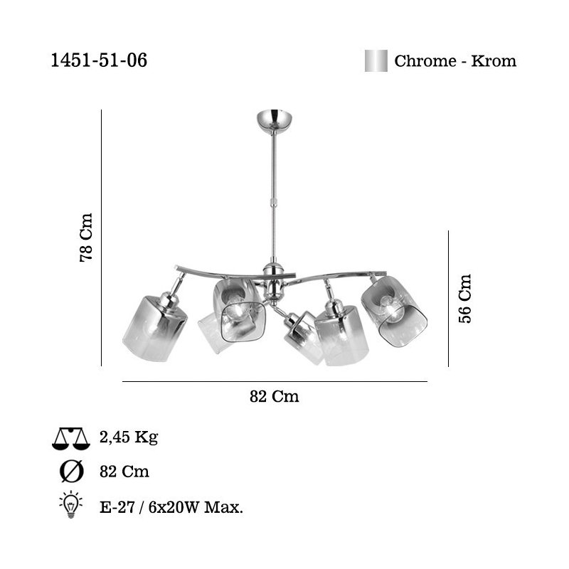 Elegant Chrome Chandelier, Metal Body, Adjustable Height 22.4 - 31.1 inches | 6 x E27 Max 40W Sockets, Glass Cap Ø3.9 inches | Stylish Lighting Fixture for Dining Room & Living Room | IP20 Rated, Bulb Not Included