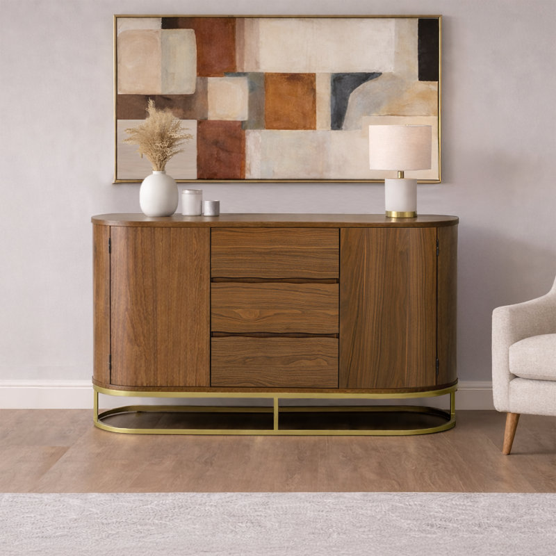 Buffet en bois massif moderne Seneca avec portes à ouverture par pression, façades de tiroirs Live Edge et rangement spacieux