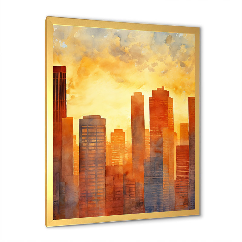 «Sunset Panorama High Rise City», reproduction sur toile, Cadre doré simple, H 44 po x l 34 po x P 1,5 po