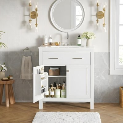 30" bathroom vanity with ceramic sink, soft-close doors, adjustable shelves, and 2 double-door cabinets