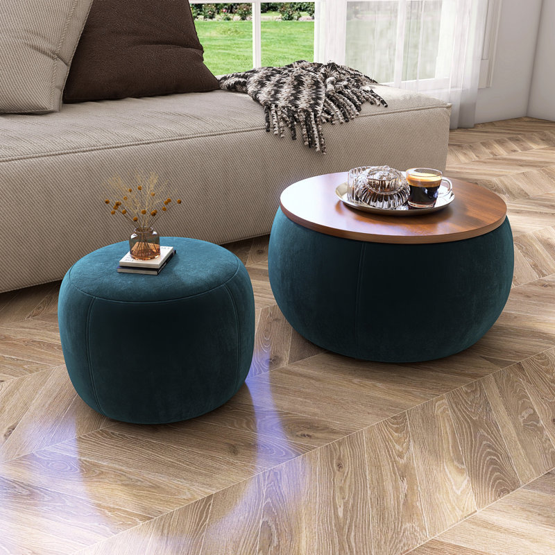 Table de bout ronde avec petit siège de rangement, Brun, Bleu très foncé
