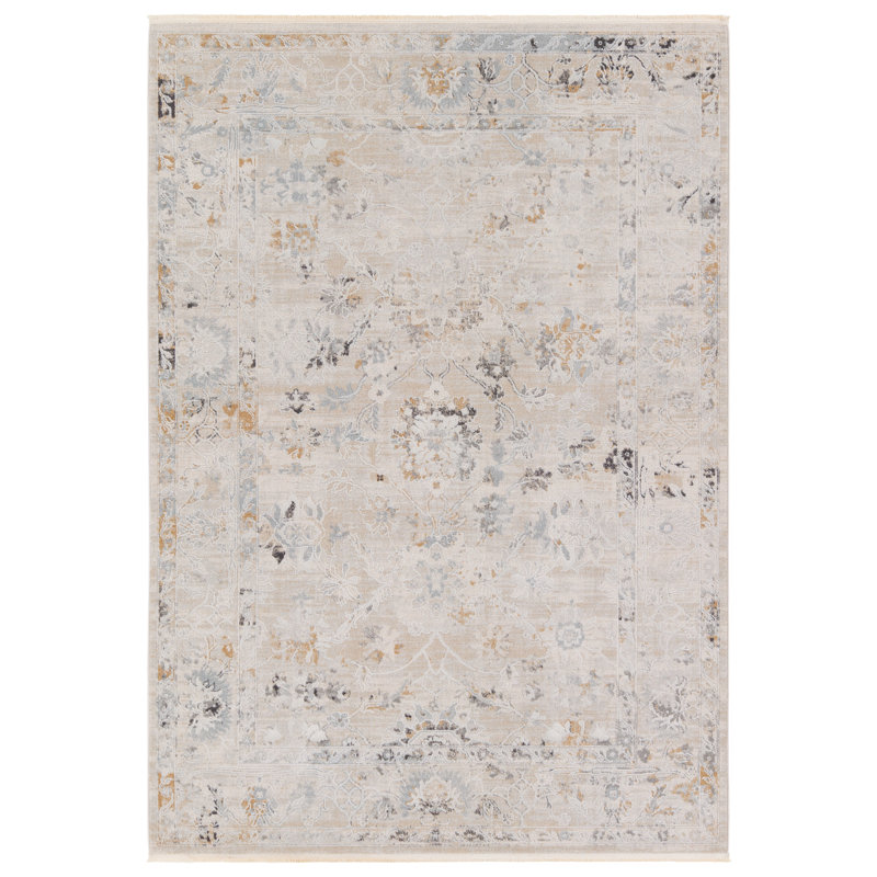 Tapis floral gris / crème Relma (3 pi 11 po x 5 pi 11 po), Rectangle 5 pi 3 po x 7 pi 6 po