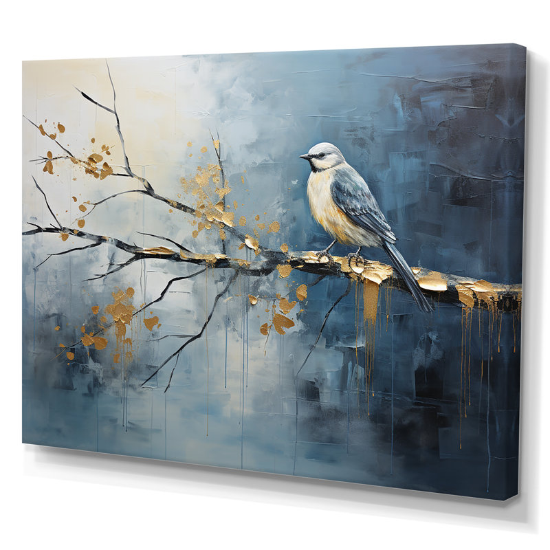 Art mural oiseau doré et bleu au printemps II - Oiseau sur arbre, Toile tendue, H 12 po x l 20 po x P 1 po