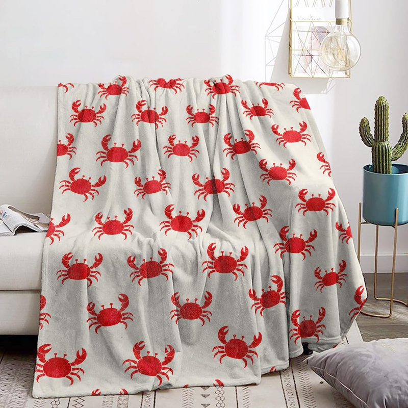 Couverture en flanelle à motif crabe et animaux marins côtiers, 152 x 203 cm, 15.75" L x 16.54" W