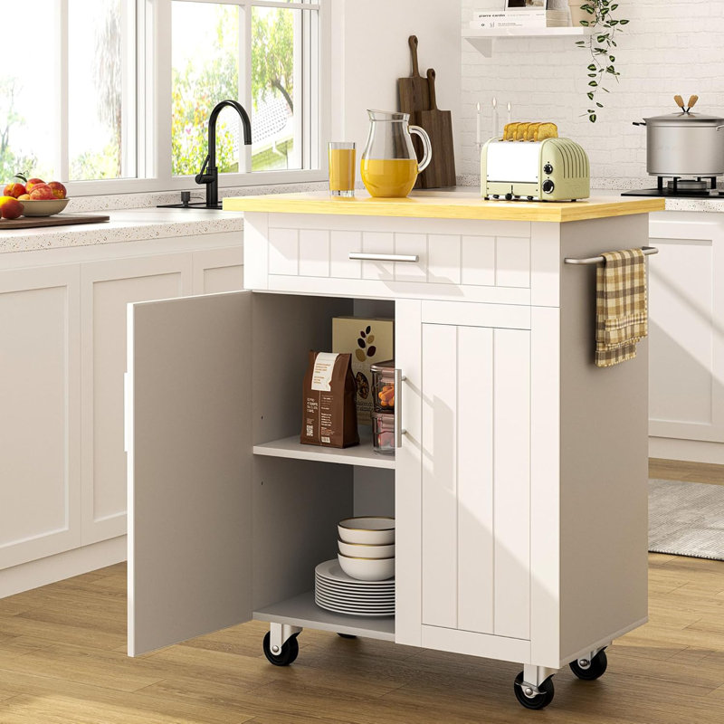 Chariot pour îlot de cuisine sur roulettes en bois d'hévéa avec tiroirs et tablettes, chariot de rangement verrouillable pour la salle à manger