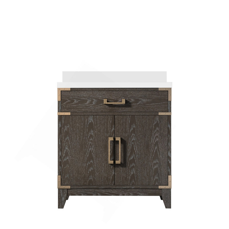 Meuble-lavabo simple en chêne brun 30 po X P 22 po D, avec plateau en quartz blanc, H 34,12 po x l 30 po x P 22 po