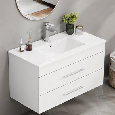 39.4-Inch White Ceramic Bathroom Sink, Fits 36-Inch Vanity,Pre-Drilled Faucet Hole,Modern Minimalist Design,Durable & Easy To Clean