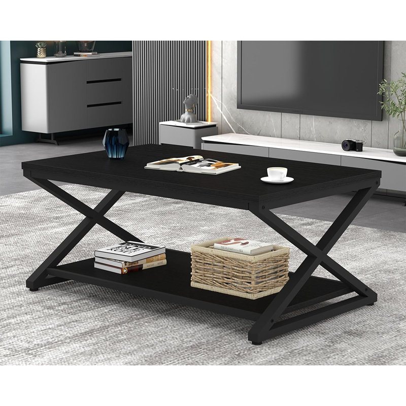 Table basse avec rangement, table centrale rectangulaire rustique à 2 niveaux de style rustique rustique de 39 pouces pour le salon, le bureau ou la chambre à coucher, style minimaliste moderne
