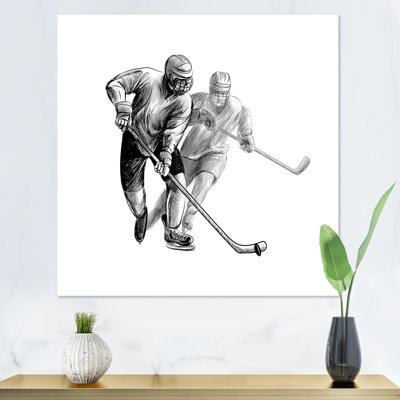 Joueur de hockey en sport d'hiver noir et blanc IV - reproduction de dessin sur toile