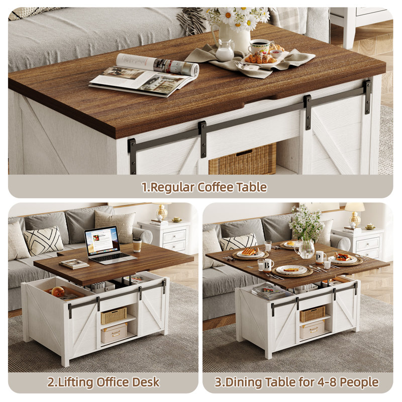 Farmhouse Lift Top Coffee Table With Sliding Barn Door, Storage Coffee Table With Hidden Storage Compartment