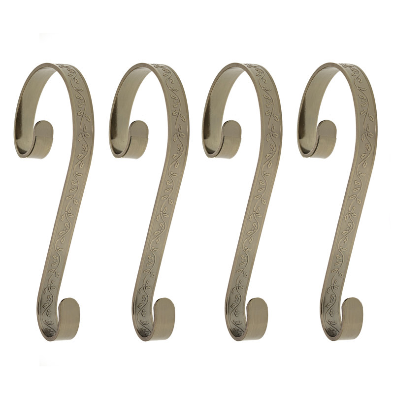Stocking Scrolls Embossed Holly Stocking Holder, Antique Brass