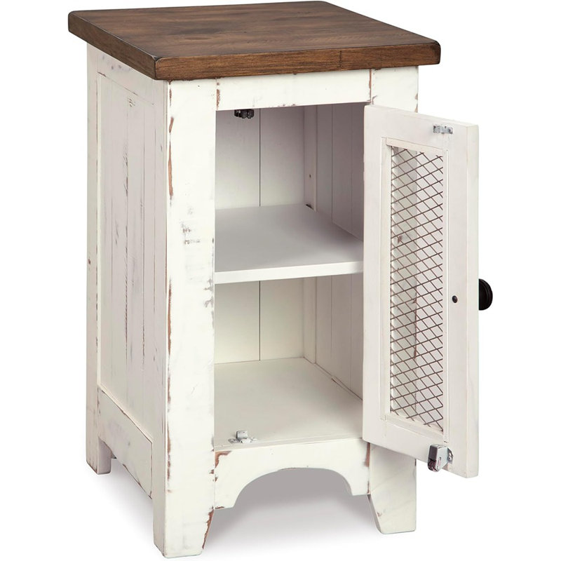 Table d'appoint de style campagnard avec porte d'armoire - blanc et brun - finition patinée, armoire de rangement, table d'appoint, style maison de campagne
