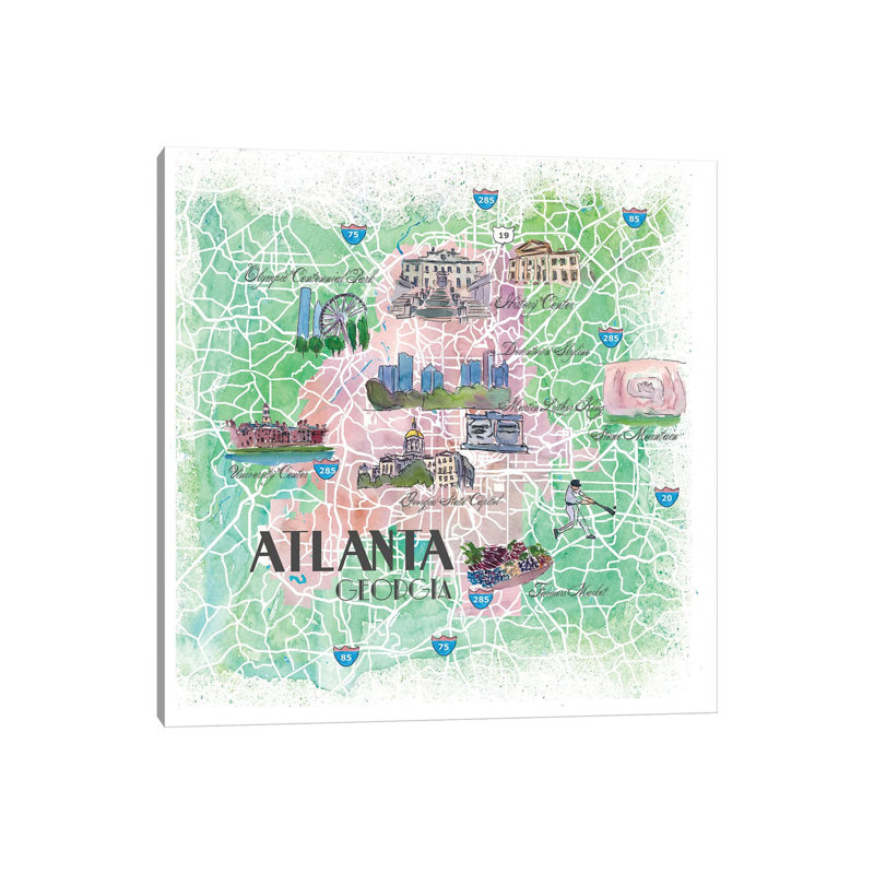 Atlanta Georgia USA Illustrated Map by Markus & Martina Bleichner - Painting on Canvas, 93.98cm H x 93.98cm W x 3.81cm D