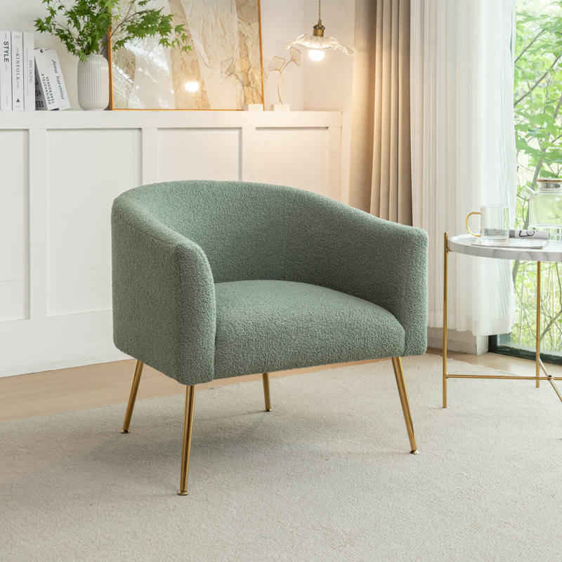 Jameila Upholstered Barrel Chair, Green Faux Fur, 1, Gold