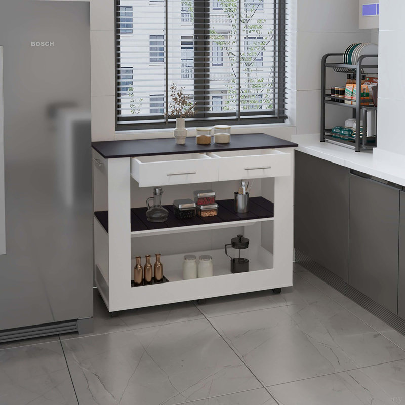 Compact Kitchen Island With Two Drawers, Open Counter Top And Two Below Open Storage Shelves
