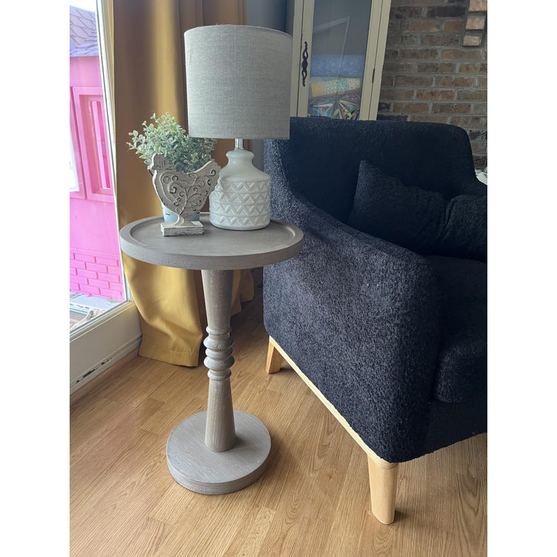 Brown Farmhouse Tray Top End Table Pedestal Small Drinking Table with Distressed Finish Side Table