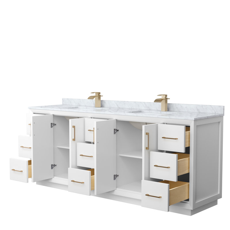 84'' Double Bathroom Vanity with Genuine Marble Top, Brown, White