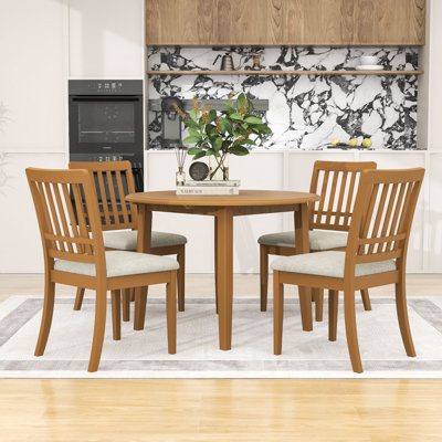 5-Piece Dining Table Set, Extendable Round Table with Drop Leaf and 4 Upholstered Chairs