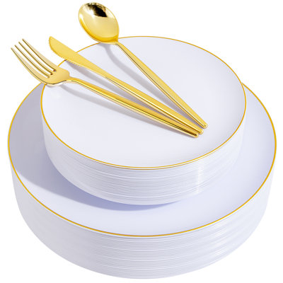 WELLIFE 150PCS White and Gold Plastic Plates with Disposable Silverware for 30 Guests,Nice Disposable Plates,White Plastic Plates Set Include 30 Dinner Plate,30 Dessert Plate,90 Gold Cutlery for Party