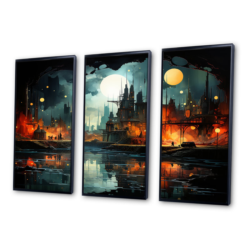 Onyx Outline Industrial Horizon - ensemble d'art mural usines, H 28 po x l 36 po x P 1 po, Cadre flottant noir