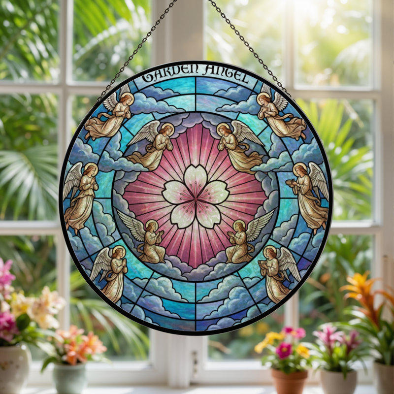 Panneau de vitrail 12 "H Angel Flower, H 12 po x l 12 po