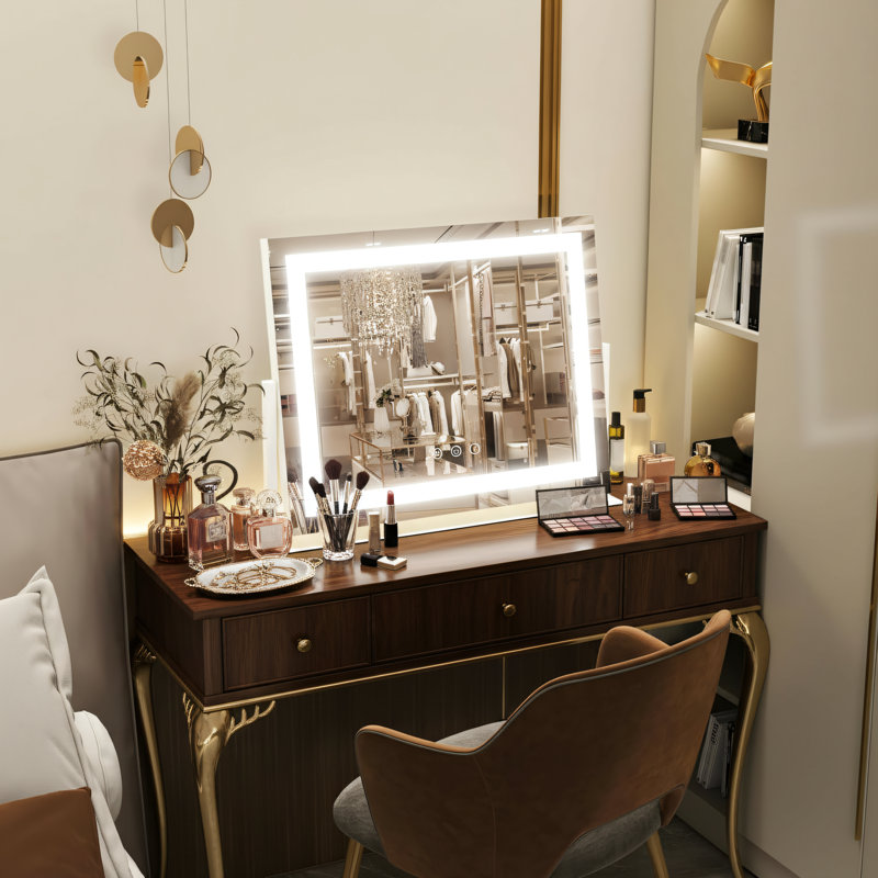 Miroir de maquillage lumineux, 22,1 po x 18,1 po, comprend un grossissement de 10 fois, une connexion USB, un contrôle tactile intelligent, une gradation réglable en trois couleurs, convient à une application de maquillage délicate, carrée, blanche.