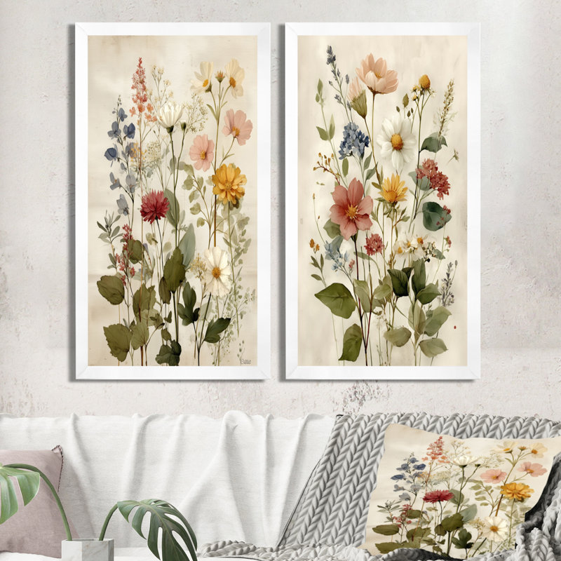 Art mural sur toile 2 fleurs rétro, H 40 po x l 40 po, Cadre naturel flottant