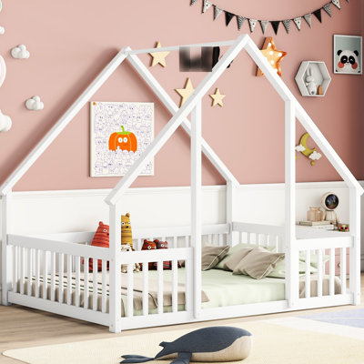 House-shaped Floor Bed With Natural Pine Wood Fence - Offer A Secure Sleeping Experience Guardrail And Durability