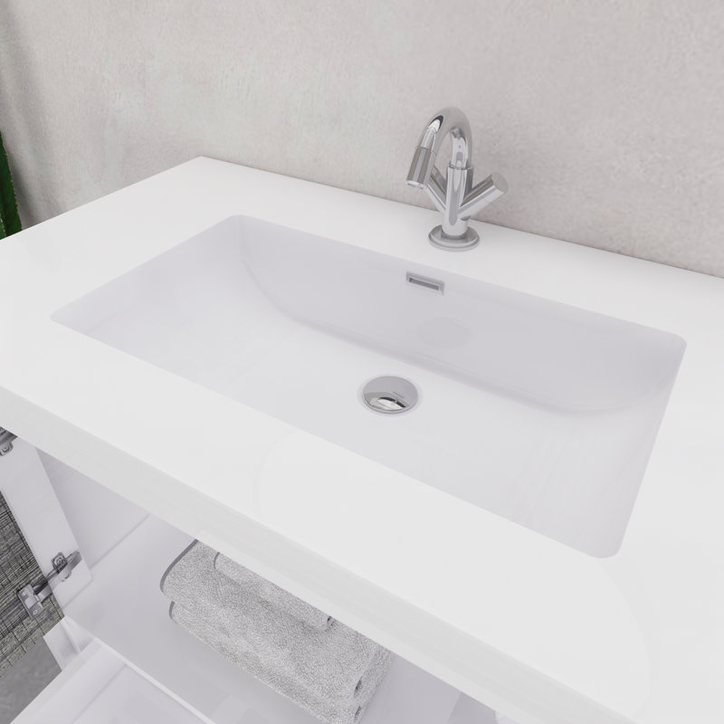 Ensemble de meuble-lavabo simple 35,5 ", Blanc lustré/ bois de frêne gris