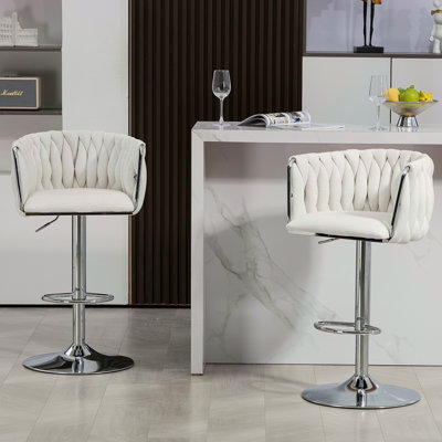 360° Fabric Cover Swivel Bar Stools Set Of 2, Adjustable Counter Height Bar Chairs With Woven Back & Footrest,Silver Chromed Bar Stools For Kitchen Island, Cafe, Pub