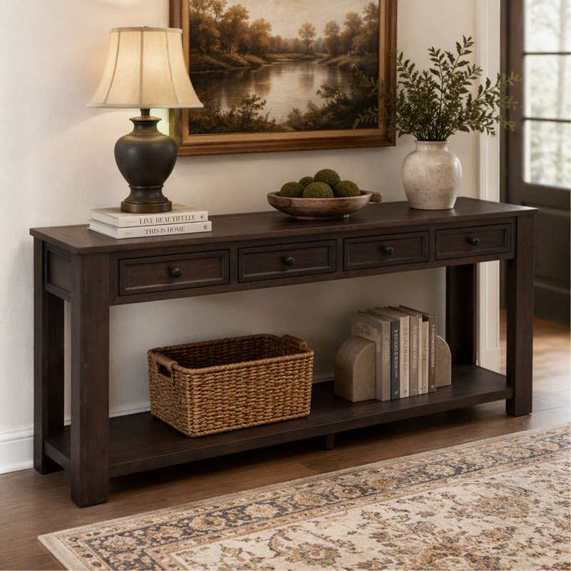 Table console avec tiroirs de rangement et tablette inférieure, table d'entrée/de couloir, Espresso, Espresso, Espresso
