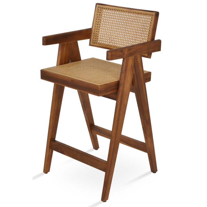 Pierre J Solid Teak Full Wicker Bar & Counter Stools, Counter Stool (26" Seat Height)