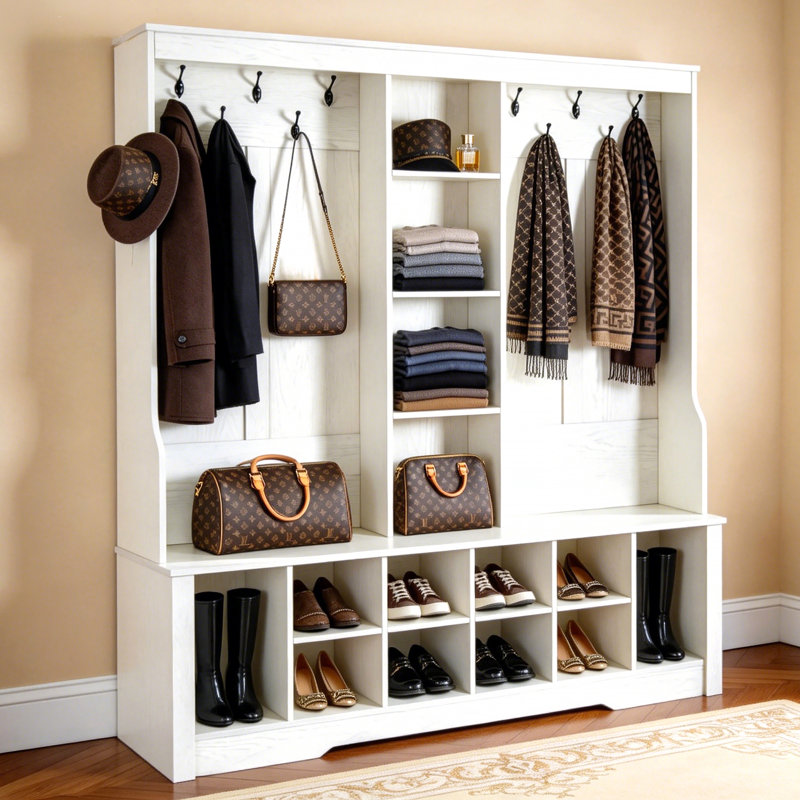 Porte-manteau d'entrée de 150 cm avec banc de rangement, rangement à chaussures, crochets et étagères.