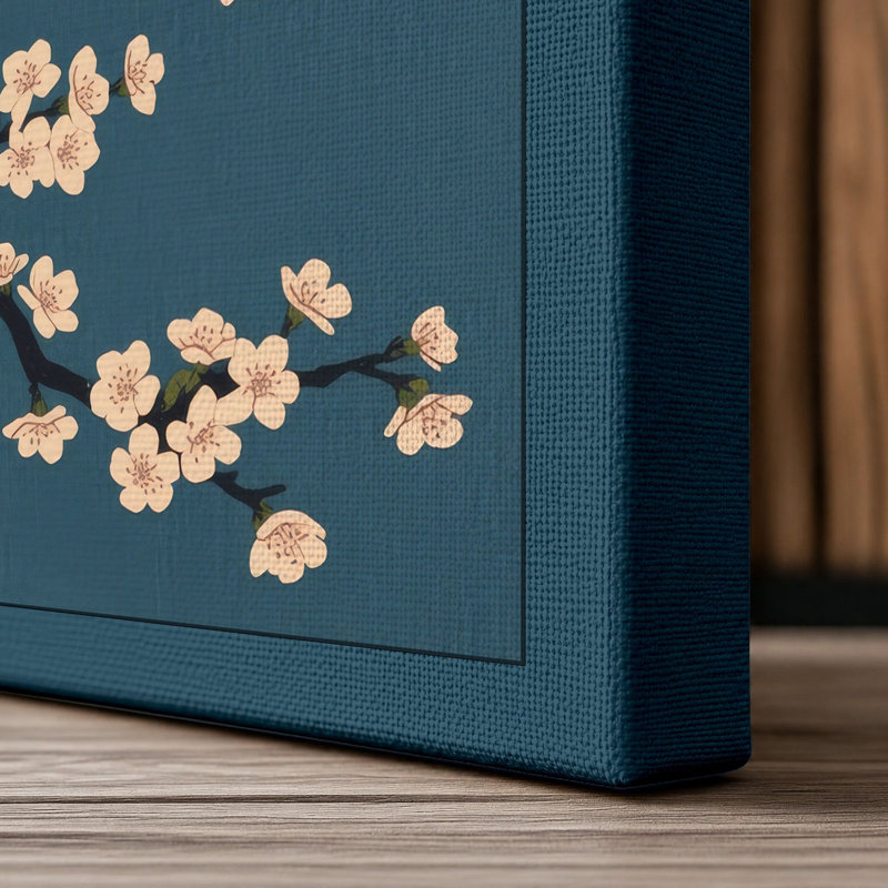 Moonlit Cherry Blossom Japandi - Wrapped Canvas, 24x16 - 61.0 x 40.6 cm, Teal Border