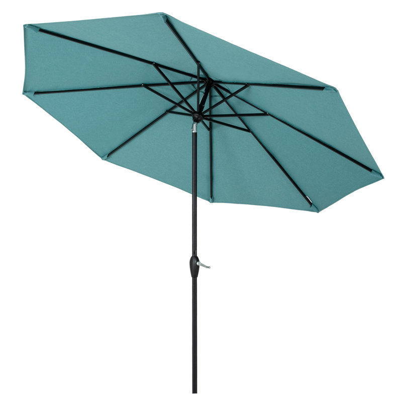 Parasol de terrasse avec frange de 10 pi Idaly avec poteau en aluminium couleur bois Idaly, Cyan