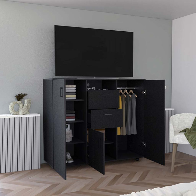 Commode à double porte Letna, deux tiroirs, quatre tablettes intérieures, trois armoires avec porte, tringle