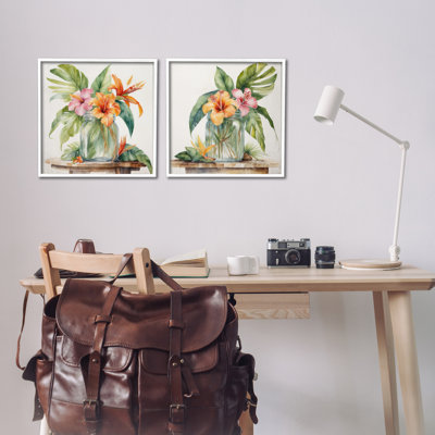 Tropical Hibiscus Floral Jar 2 PC Giclee Art Set by Kim Allen