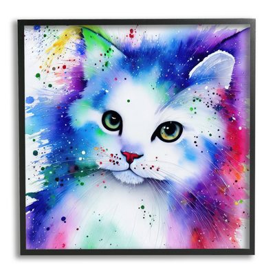 Stupell Industries Bold Kitten Splatter Animal By Denise Dundon - Floater Frame Graphic Art On Wood In Midnight Black Framed Giclee