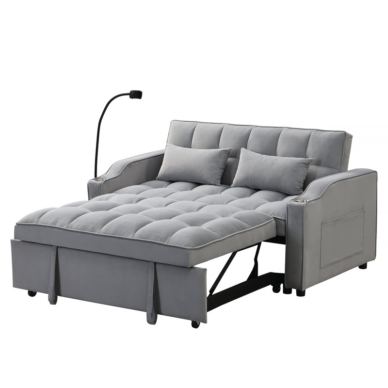 Canapé futon moderne et fonctionnel avec causeuse en velours avec lit escamotable, dossier inclinable réglable, coussins décoratifs, poches, idéal pour le salon