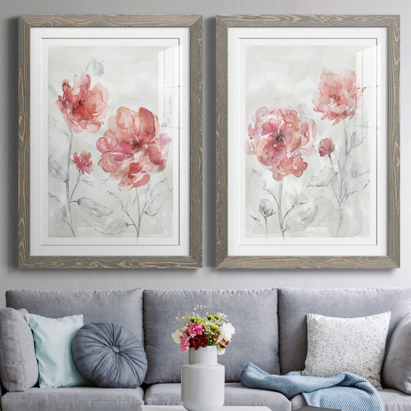 «Blush Botanical I», ensemble de 2 reproductions d'art, Blanc, H 44 po x l 31 po x P 1 po, Cadre en papier gris