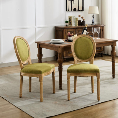 Chaises de salle à manger de style français à motif antique en lin et toile de lin de style français avec 2 pieds, structure et pieds en bois d'hévéa massif, rembourrage en mousse de 37,4 po de hauteur