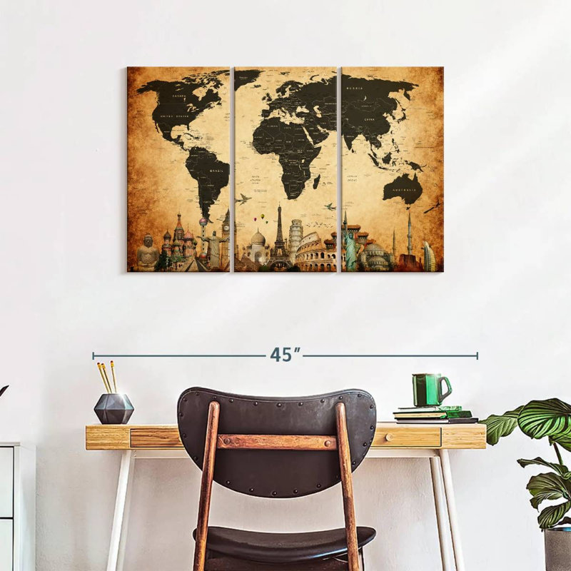 Carte du monde rétro, impression sur toile, H 38 po x l 24 po x P 1,25 po