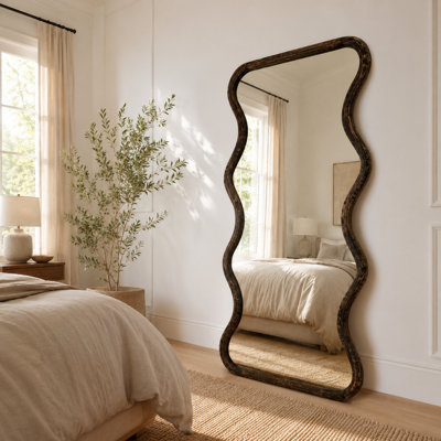 Wavy Full Length Floor Mirror with Mango Wood Frame 36 x 1.5 x 72"