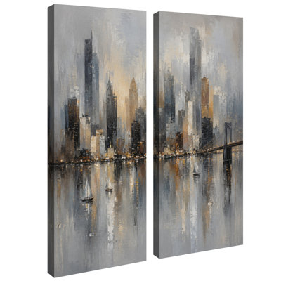Vue de la ville en gris et or avec pont et voiliers – Ensemble de 2 impressions sur toile 32 po x 12 po