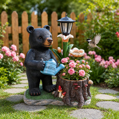 Décoration de jardin Peter avec ours noir et lanterne solaire