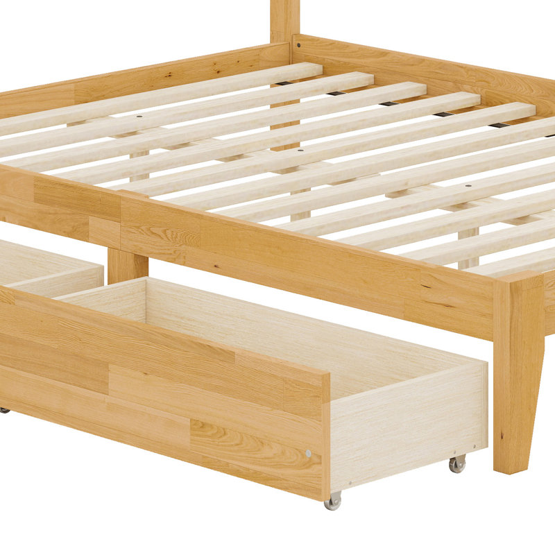 Lit plateforme avec tête de lit en rotin naturel et rangement intégré sous le lit, Chêne blanc
