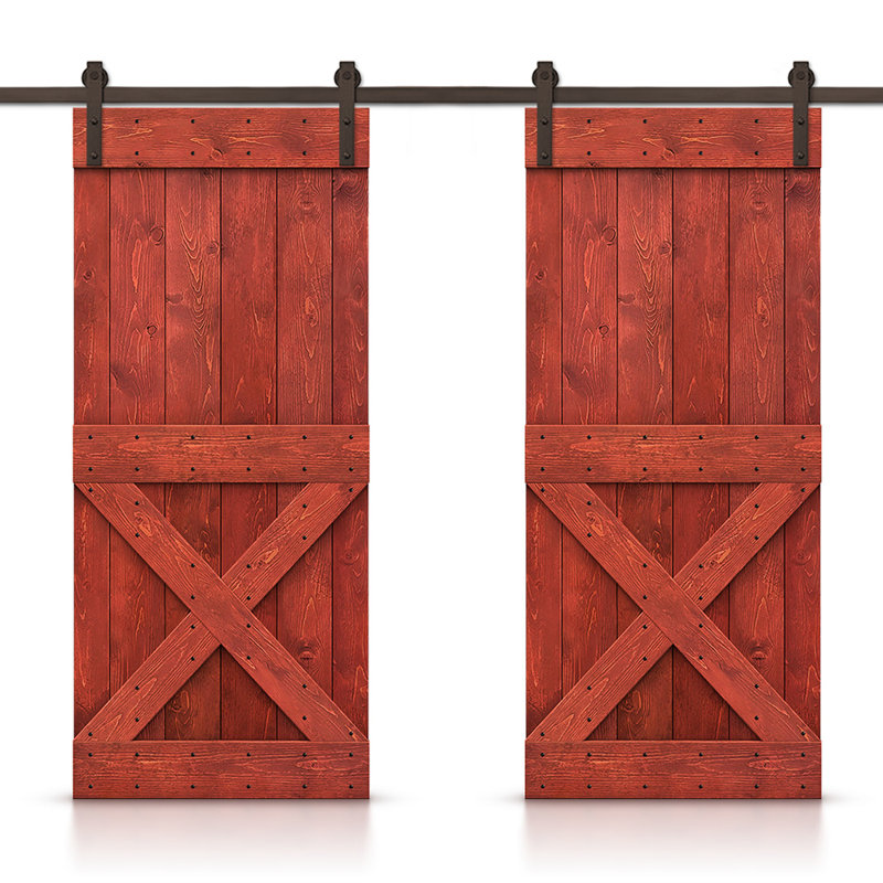 Porte de grange à panneaux et en bois avec quincaillerie d'installation, Rouge, 44 po x 84 po